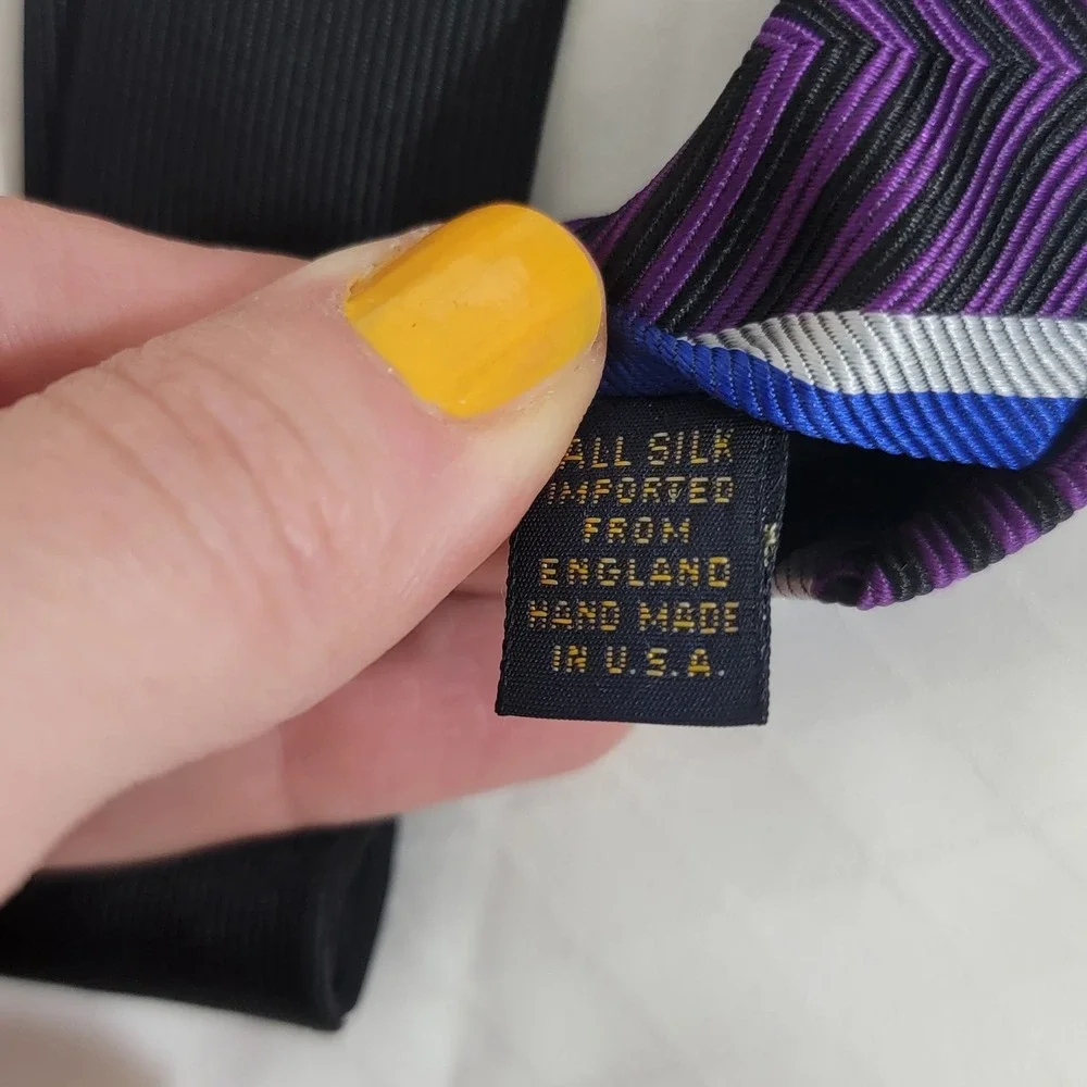 XMI Platinum Silk Tie Purple Blue Chevron Repp Stripe Hand Made USA